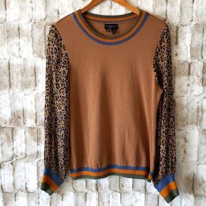 anthropologie sweater w colorful sheer leopard print sleeves-